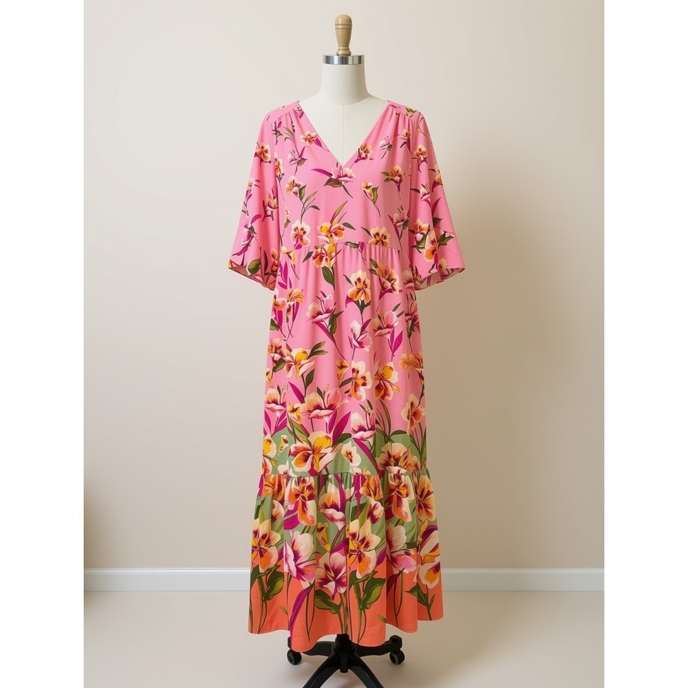 London Style Collection Pink Floral V-Neck Tiered Maxi Dress Size 10
